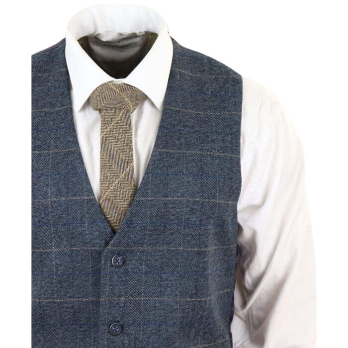 Mens Blue Check 3 Piece Suit Herringbone Tweed Vintage Tailored Fit Grey Velvet - Knighthood Store