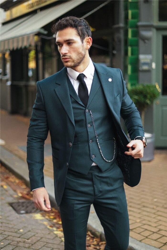 Men's 3 Piece Suit Classic Prince of Wales Check Olive Green Wedding Office Retro - Knighthood Store