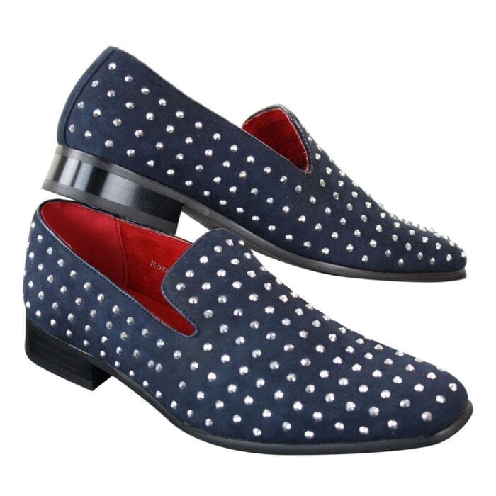 Mens Suede Slip On Loafers Shoes Stud Spikes Silver Smart Casual Shiny Party - Knighthood Store