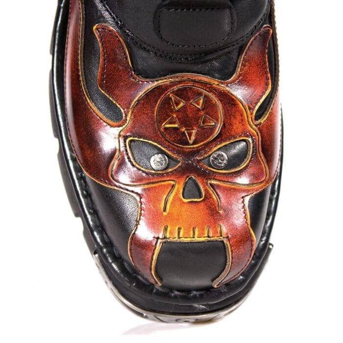 New Rock 107-S1 Red Skull Devil Black Leather Boot Biker Goth Rock Boots - Knighthood Store