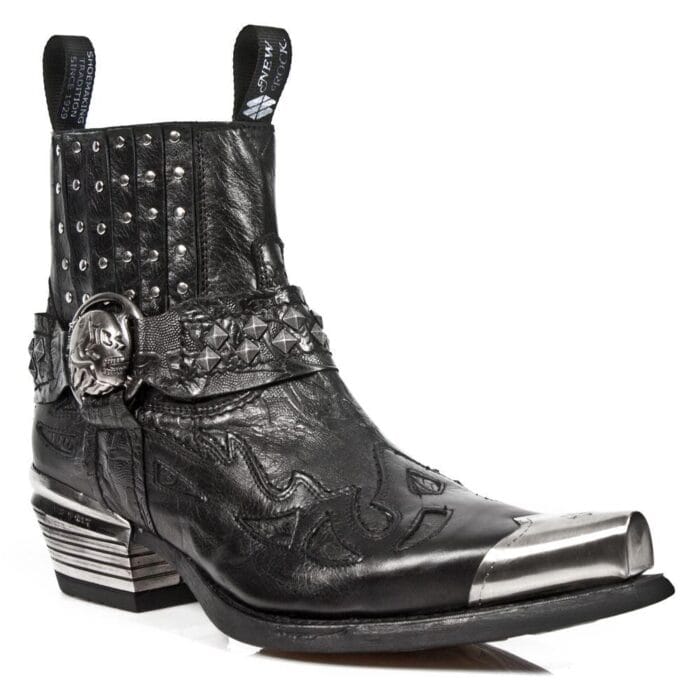 New Rock 7950P-S1 Black Leather Military Cowboy Boots Metal Toe Heel Biker Rock - Knighthood Store