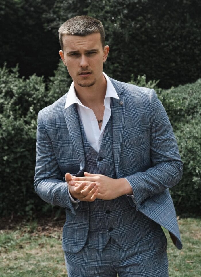Mens Blue 3 Piece Suit Vintage Navy Tan Check Tailored Fit Classic Gatsby 1920s - Knighthood Store