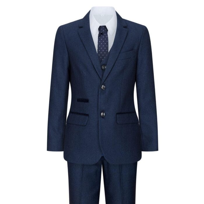Boys Navy Blue 3 Piece Tweed Birdseye Suit Smart Formal Wedding Classic 1920s - Knighthood Store