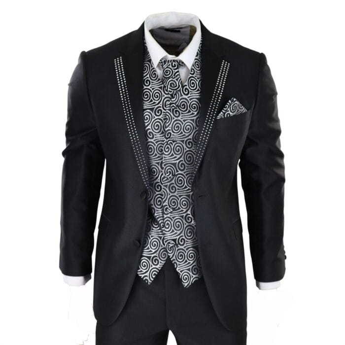 Mens Wedding 3 Piece Black Suit Diamonte Silver Cravat Waistcoat Groom Bestman - Knighthood Store