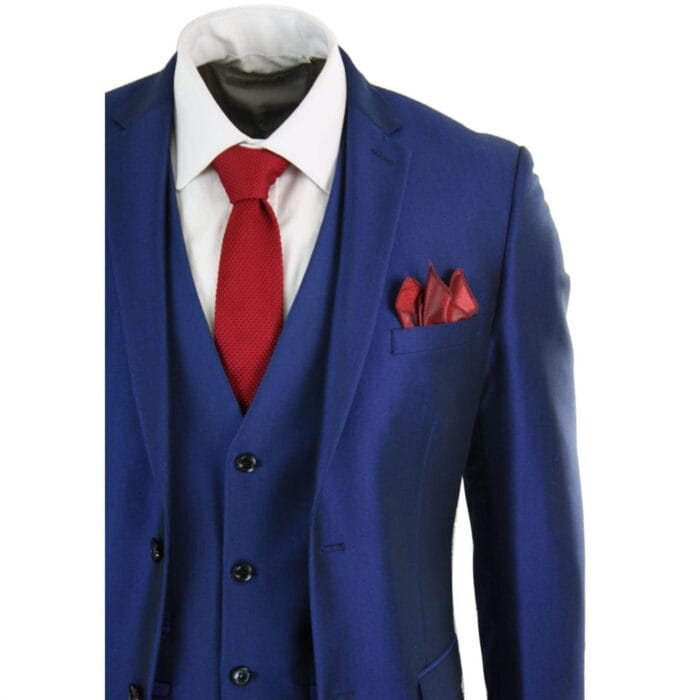 Mens 3 Piece Shiny Blue Wedding Prom Party Suit Tailored Fit Smart Formal - Knighthood Store
