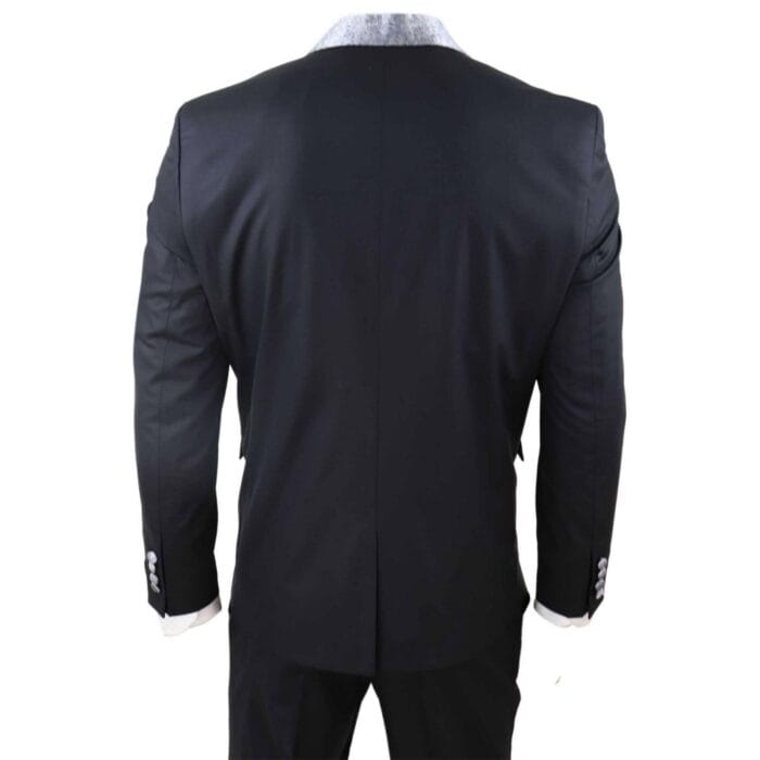 Mens 4 Piece Wedding Suit Groom Shawl Collar Vintage Black Silver Cravat Tailor - Knighthood Store