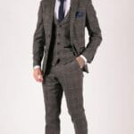 Mens Grey Check 3 Piece Suit Herringbone Tweed Vintage Tailored Fit Blue Velvet - Knighthood Store