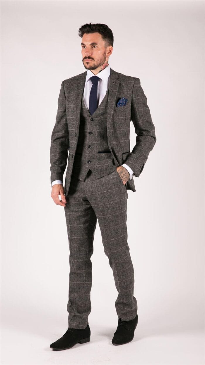 Mens Grey Check 3 Piece Suit Herringbone Tweed Vintage Tailored Fit Blue Velvet - Knighthood Store