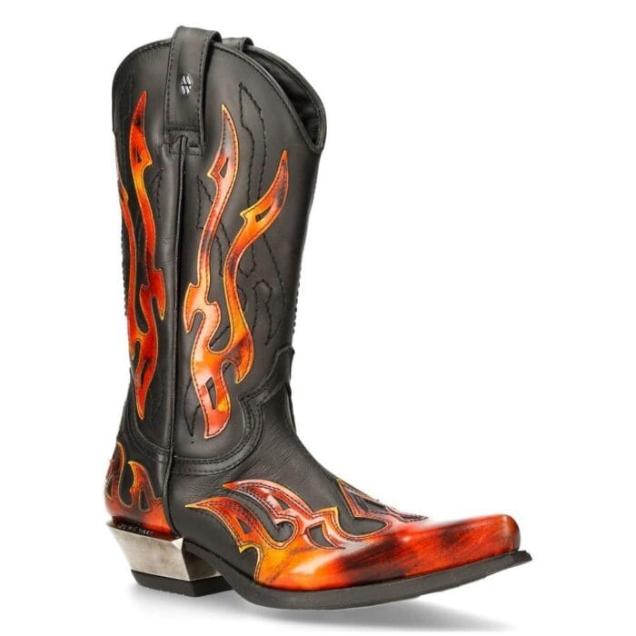 New Rock Unisex 7921-S2 New Rock Leather WEST Black Red Cowboy Leather Boots - Knighthood Store