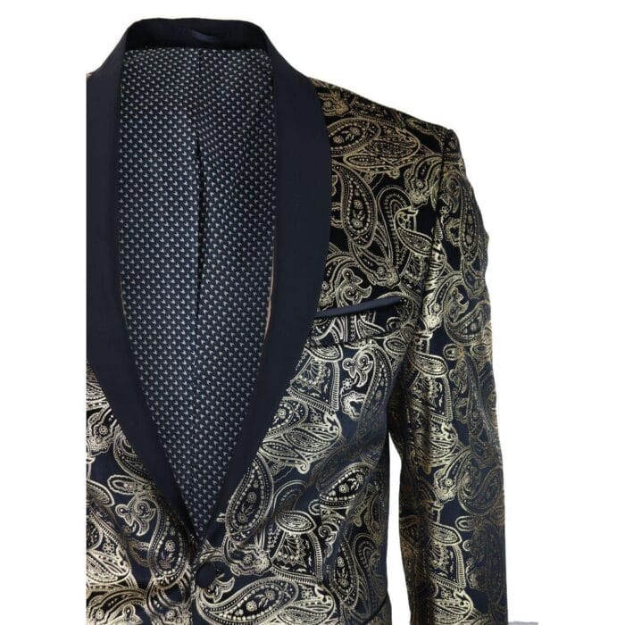 Mens Velvet Paisley Floral Blazer Black Gold Silver Tuxedo Jacket Dinner Suit Tux - Knighthood Store