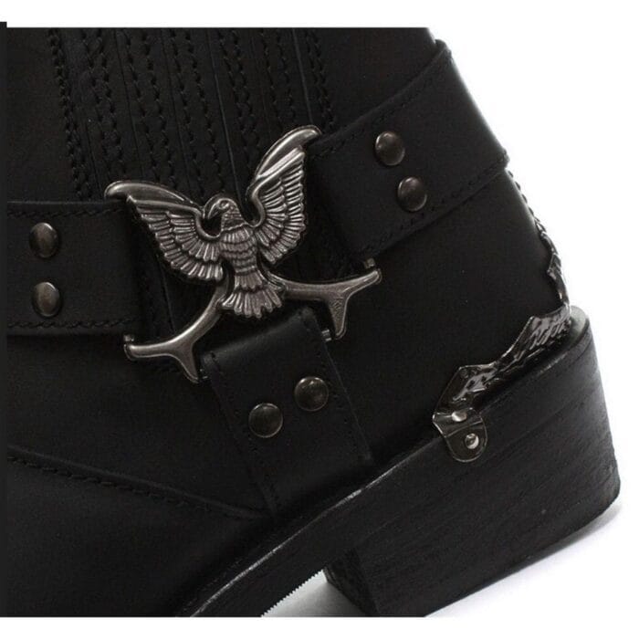 Mens Real Leather Lo Biker Boots Rock Punk Grinders Eagle Buckle Metal Toe - Knighthood Store