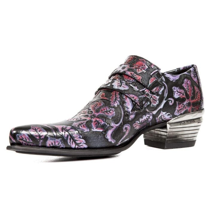 New Rock 7960-s6 Shoe Embossed Vintage Black Red Leather Buckle Steel Heel Shoes - Knighthood Store