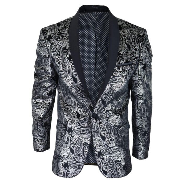 Mens Velvet Paisley Floral Blazer Black Gold Silver Tuxedo Jacket Dinner Suit Tux - Knighthood Store