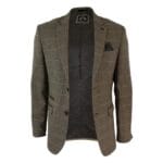 Mens Check Vintage Herringbone Tweed Tan Brown Blazer Jacket Fitted - Knighthood Store