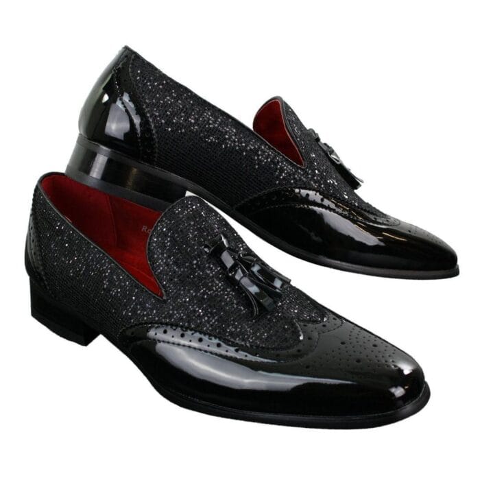 Mens Smart Party Shiny Tassle Shoes Red Silver Black Gold Slip On Patent Leather - Knighthood Store
