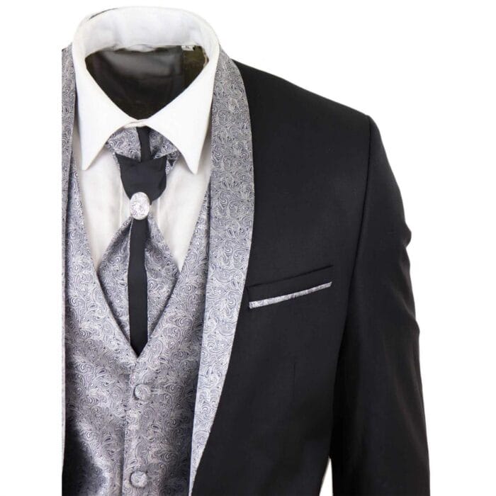 Mens 4 Piece Wedding Suit Groom Shawl Collar Vintage Black Silver Cravat Tailor - Knighthood Store