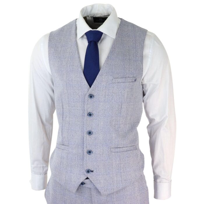 Mens 3 Piece Check Suit Tweed Light Blue Tailored Fit Wedding Peaky Classic - Knighthood Store