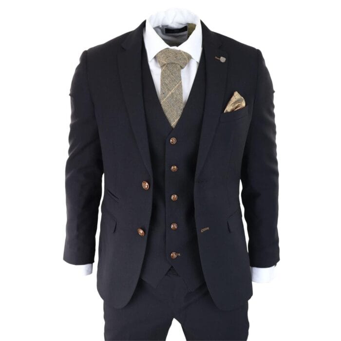 Mens Black 3 piece Suit Brown Trim Classic Birdseye Vintage Wedding Grooms - Knighthood Store