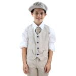 Boys 3 Piece Suit Tweed Cream Black Tailored Fit Wedding Blinders Classic - Knighthood Store