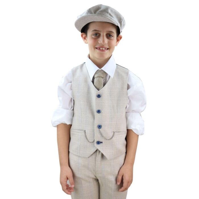 Boys 3 Piece Suit Tweed Cream Black Tailored Fit Wedding Blinders Classic - Knighthood Store