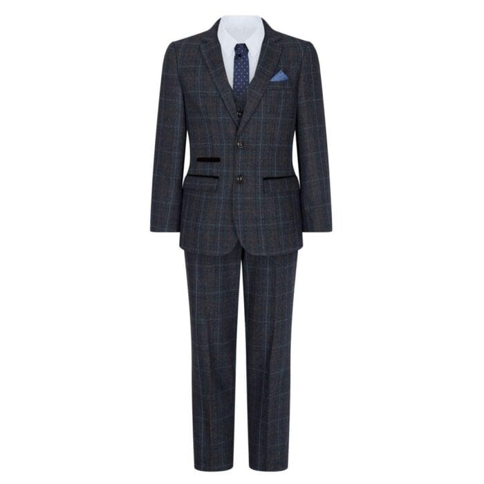 Boys Navy Blue 3 Piece Tweed Suit Herringbone Wine Vintage Retro - Knighthood Store