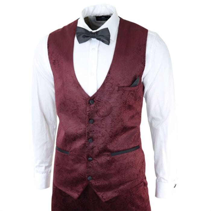 Mens Marc Darcy Velvet Paisley Burgundy Fit 3 Piece Suit Tuxedo Dinner Jacket Wedding - Knighthood Store