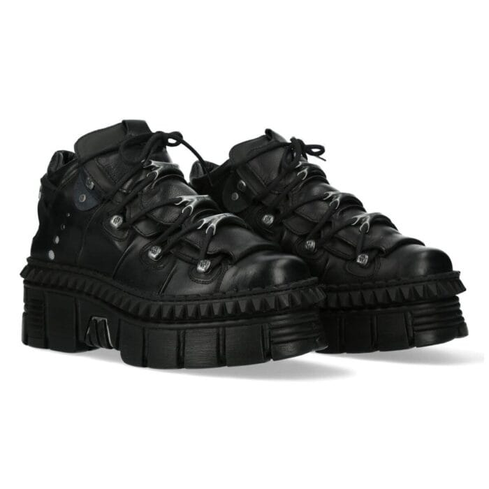 New Rock Boots Punk WALL106-S13 Metallic Black Leather Platform Ankle Shoes - Knighthood Store
