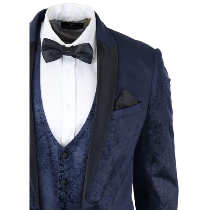 Mens Marc Darcy Velvet Paisley Blue Fit 3 Piece Suit Tuxedo Dinner Jacket Wedding - Knighthood Store
