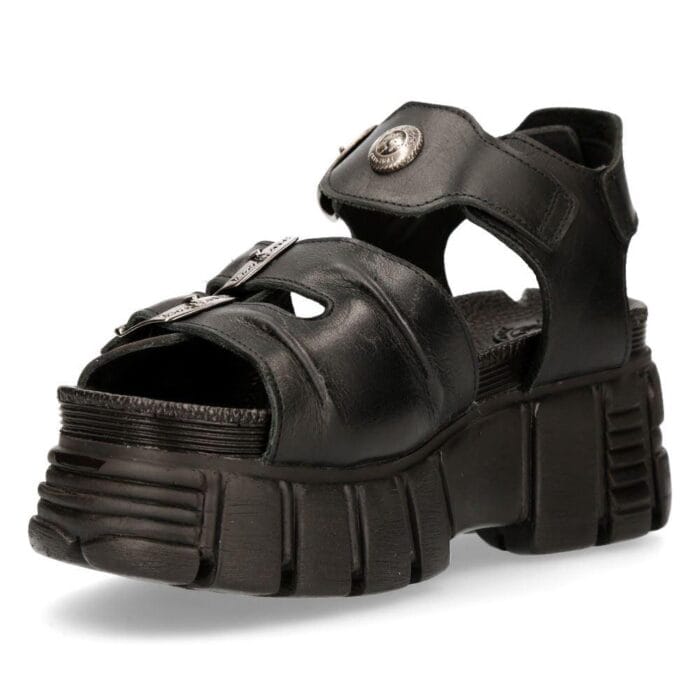 New Rock M-BIOS101-C2 Unisex Metallic Black 100% Leather Sandal Punk Rock Boots - Knighthood Store