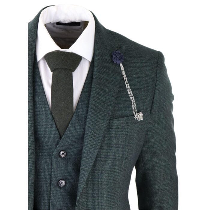 Mens 3 Piece Check Suit Tweed Olive Green Tailored Fit Wedding Peaky Classic - Knighthood Store