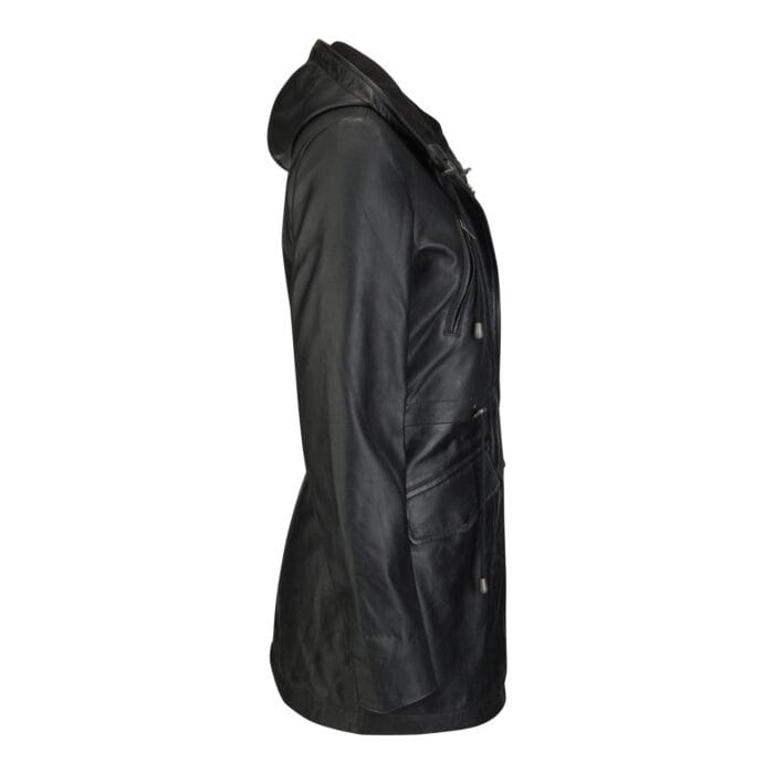 Womens Real Leather Peacoat Hooded Parka Jacket Navy Blue Brown Tailored Fit 3/4 Long - Knighthood Store