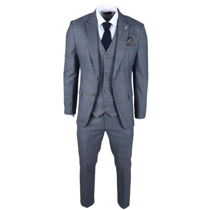 Men's Suit 3 Piece Navy Blue Checked Classic Plaid Tailored Fit Formal Dress - Knighthood Store