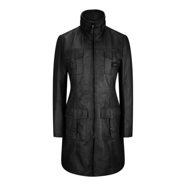 Black Tan Ladies Woman's Vintage Soft Washed Real Leather Jacket Trench Coat - Knighthood Store