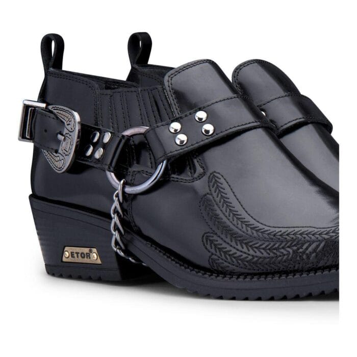 Mens Genuine Leather Western Shoes US Eagle Patent Shiny Wincklepickers Metal Chain Belt Cuban Heel Dancing Cowboy - Knighthood Store