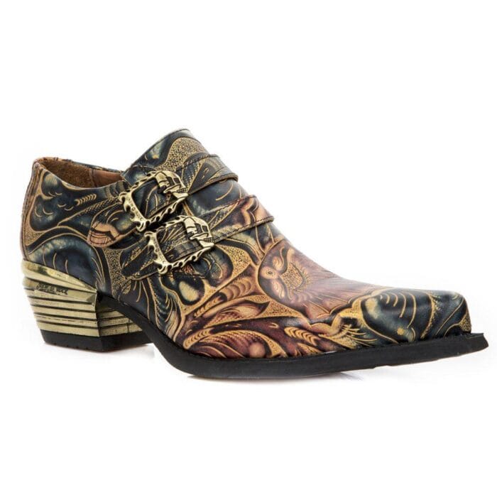 New Rock M-7960-s14 Embossed Vintage Shoes Black Leather Buckle Steel Heel - Knighthood Store