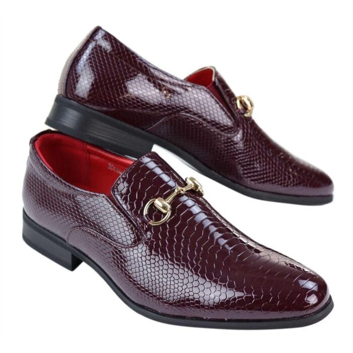 Mens Black Patent Shiny Slip On PU Snake Crocodile Leather Shoes Gold Buckle - Knighthood Store