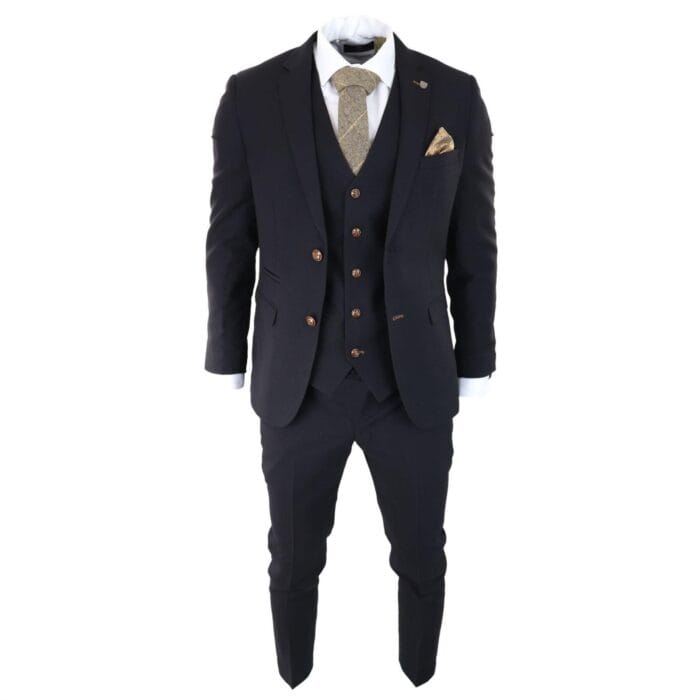 Mens Black 3 piece Suit Brown Trim Classic Birdseye Vintage Wedding Grooms - Knighthood Store