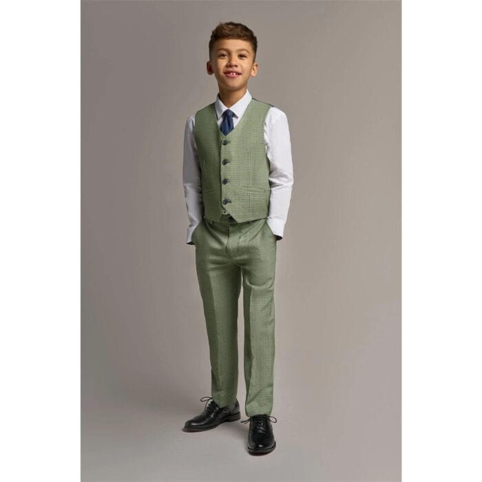 Boys 3 Piece Sage Green Check Suit Tweed Tailored Fit Wedding - Knighthood Store