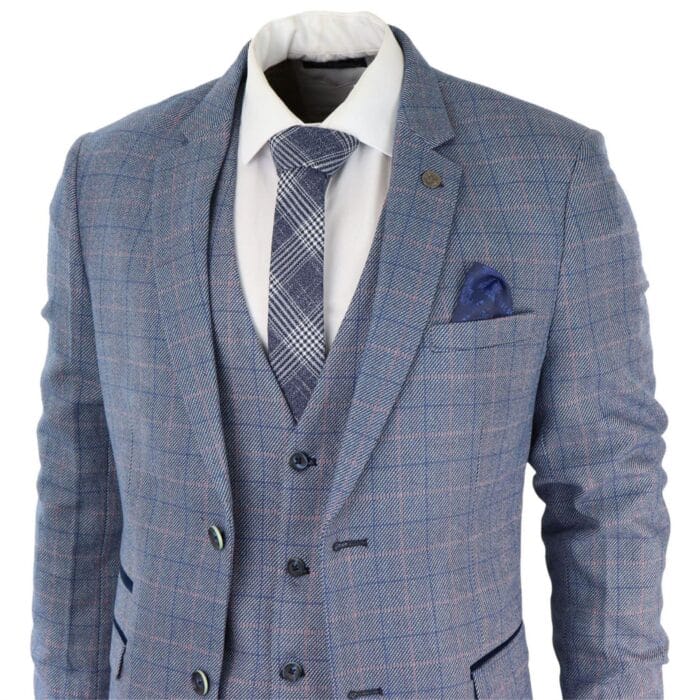 Mens 3 Piece Suit Sky Blue Check Wool Feel Marc Darcy Tailored Fit Wedding Prom Harry - Knighthood Store