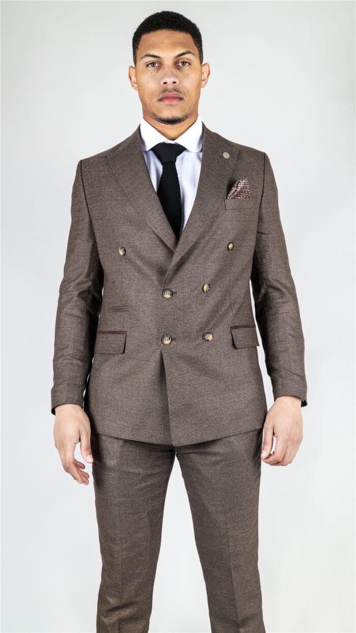 Men's Brown Suit 2 Piece Double Breasted Check Formal Dress - Knighthood Store