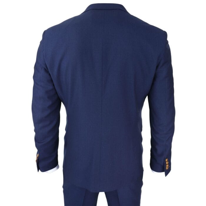 Mens Navy 3 piece Suit Brown Trim Classic Birdseye Vintage Wedding Grooms - Knighthood Store