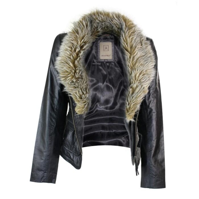 Ladies Real New Vintage Short Black Leather Jacket Coat Faux Fur Collar - Knighthood Store