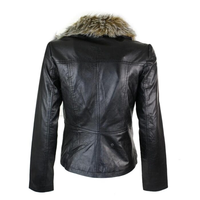 Ladies Real New Vintage Short Black Leather Jacket Coat Faux Fur Collar - Knighthood Store
