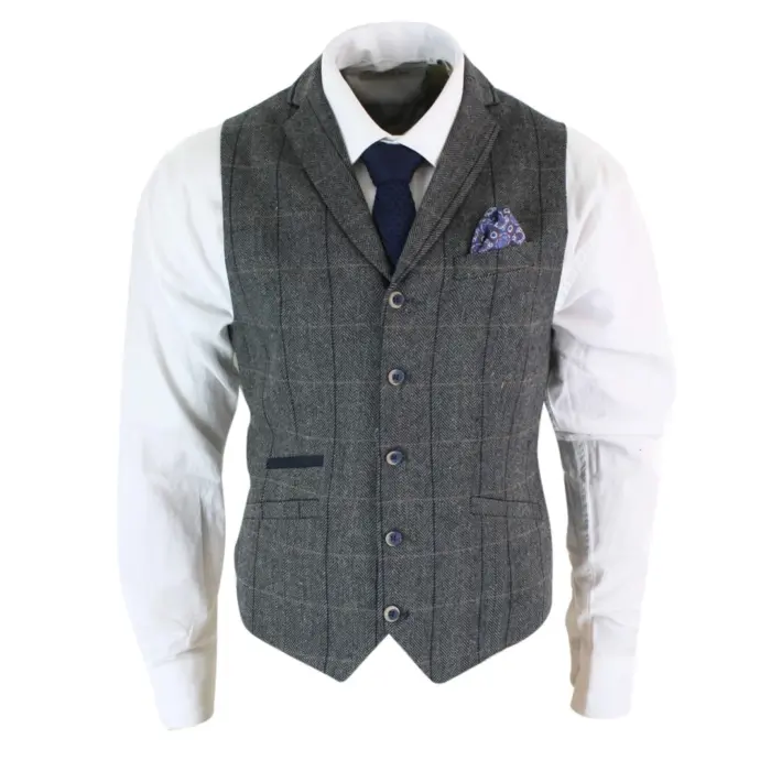 Mens Classic Tweed Herringbone Check Brown Grey Slim Fit Vintage Waistcoat Gilet - Image 1