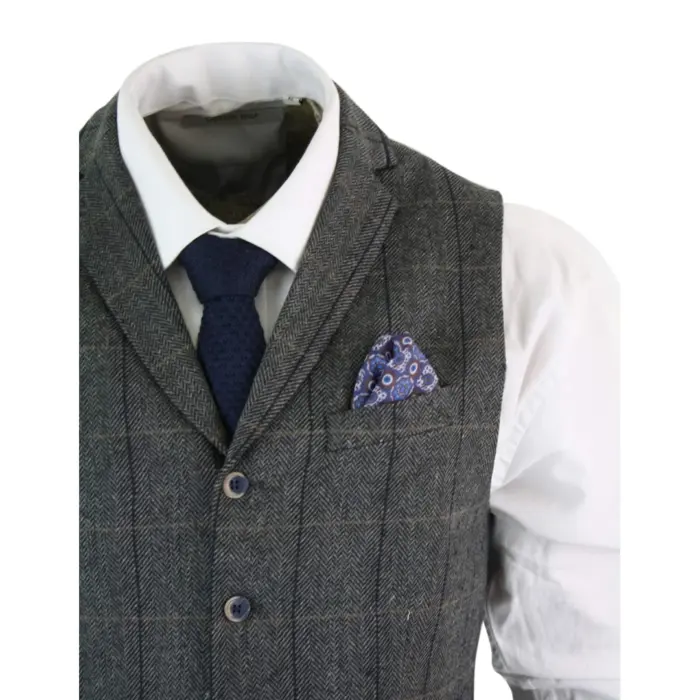 Mens Classic Tweed Herringbone Check Brown Grey Slim Fit Vintage Waistcoat Gilet - Image 3