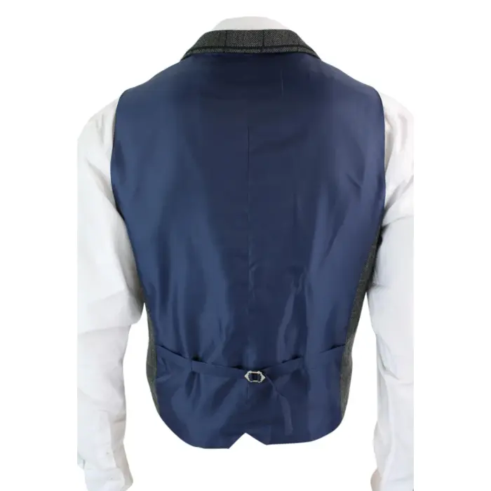 Mens Classic Tweed Herringbone Check Brown Grey Slim Fit Vintage Waistcoat Gilet - Image 4