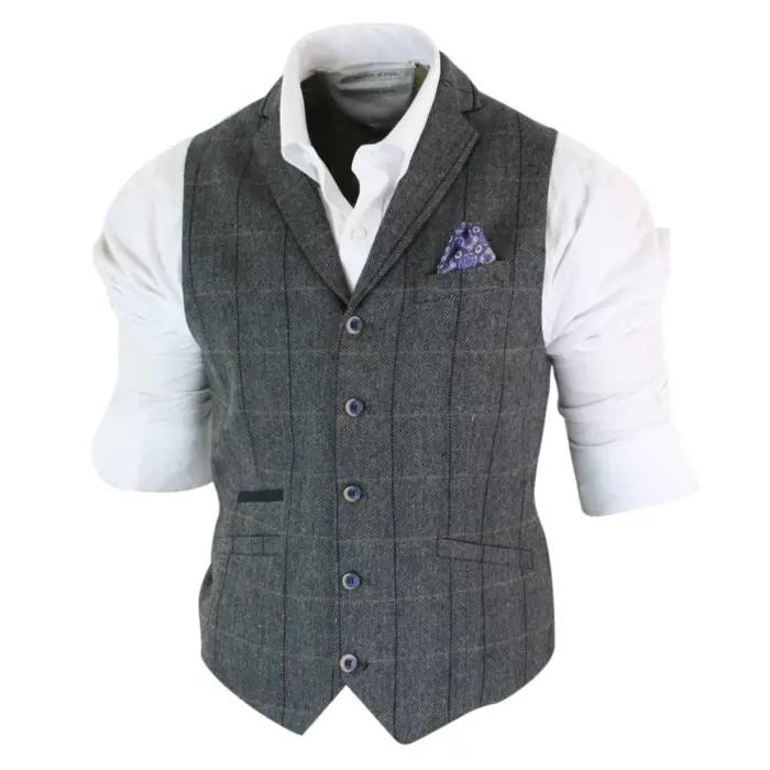 Mens Classic Tweed Herringbone Check Brown Grey Slim Fit Vintage Waistcoat Gilet - Image 2