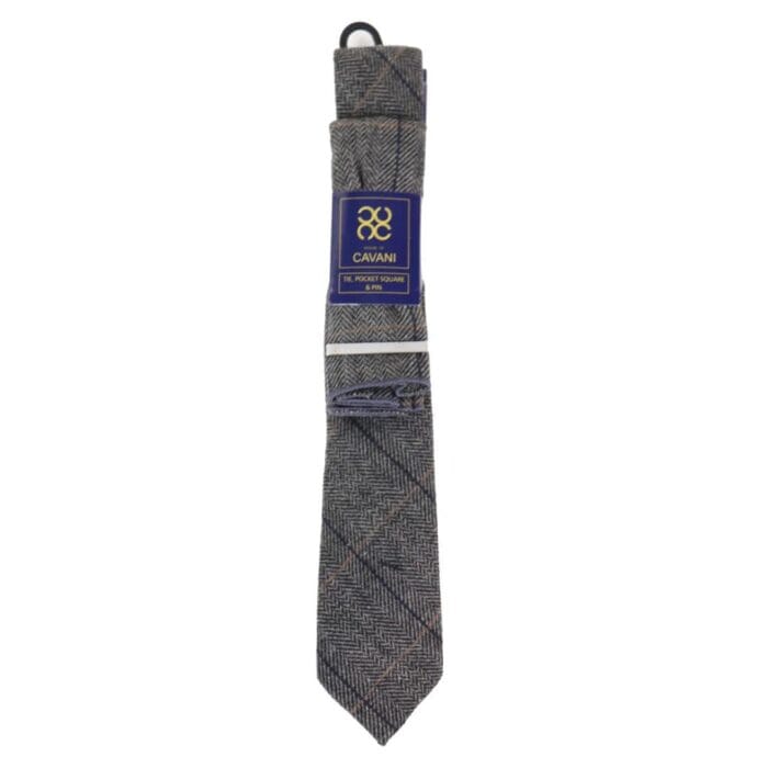 Mens Tie Cuff Links Hanky Classic Tweed Herringbone Check Grey Navy Vintage - Knighthood Store