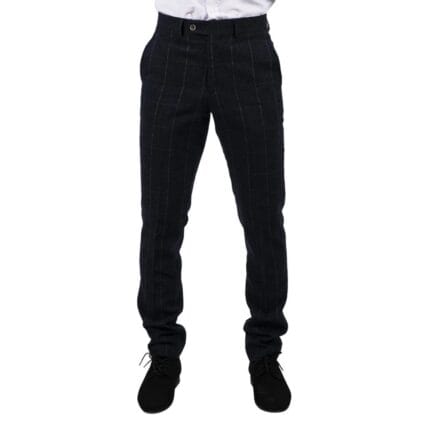Mens Navy Check Trousers Wool Tweed Classic 1920s Vintage Tailored Fit Wedding - Knighthood Store