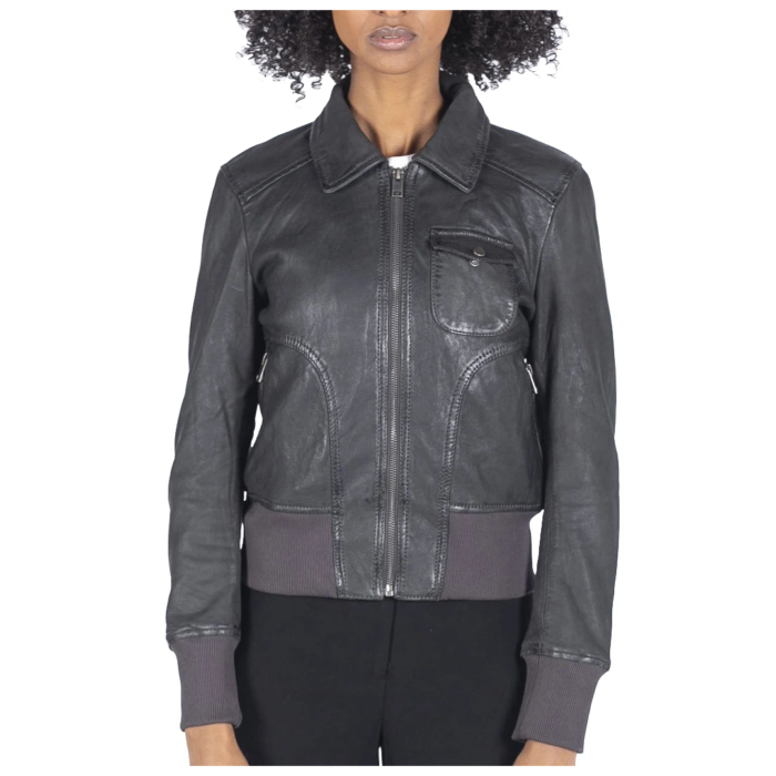 Womens Real Leather Bomber Jacket Short Zipped Retro Brown Tan Black Blue Grey - Image 6
